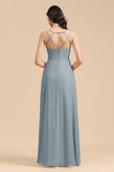 Affordable V-Neck Ruffle Dusty Blue Chiffon Bridesmaid Dresses-27dress